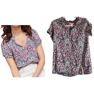 BANJANAN Anthropologie Boho Floral Ruffle Soft Blouse Top Pink Blue - Sz Small